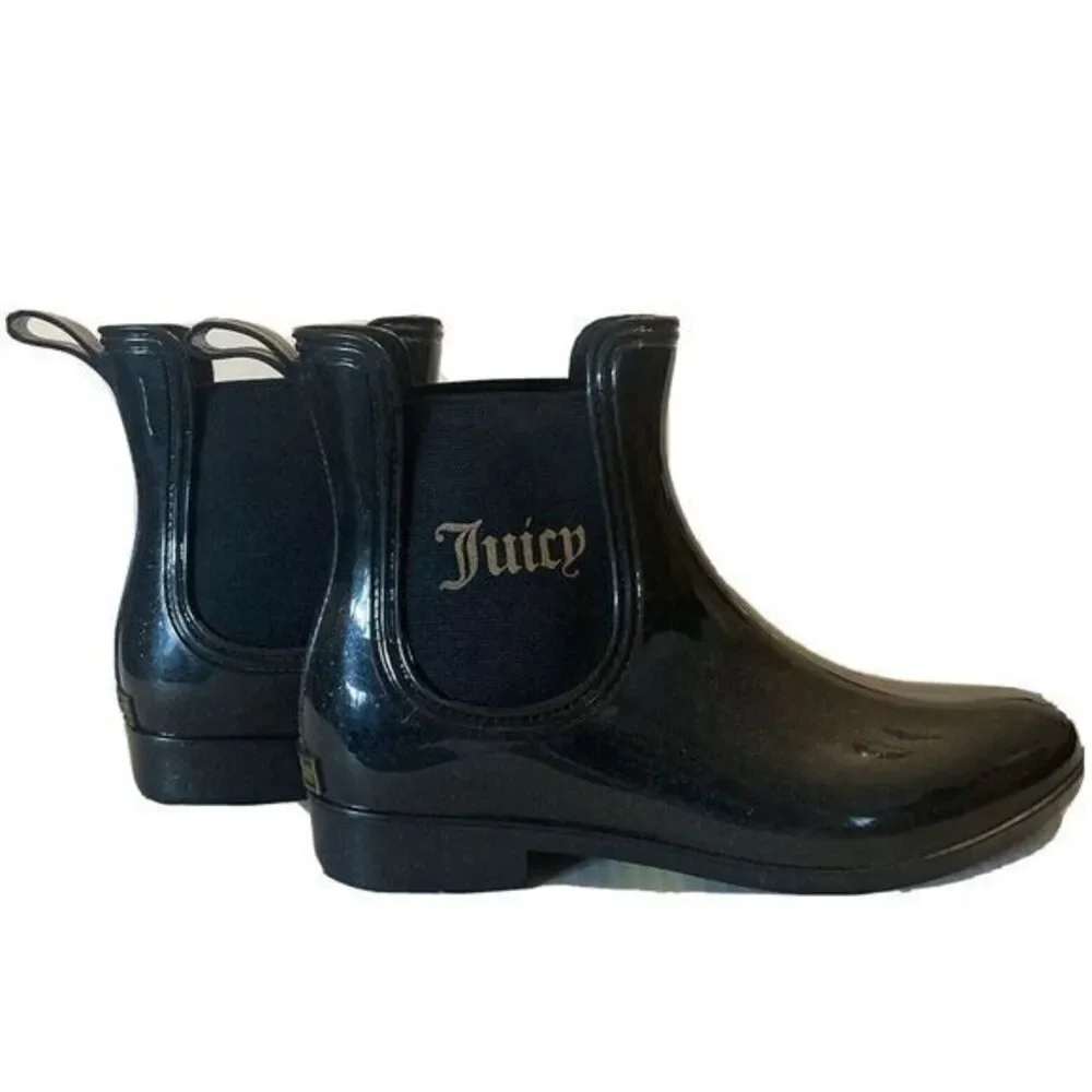 Rain Boots JUICY COUTURE Y2K Rori Black Gold Sparkle Ankle Women's Sz 9 Chelsea